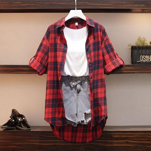 

two piece dress plus size women casual 3 pieces set cotton plaid long blouse and vest denim shorts vintage, White