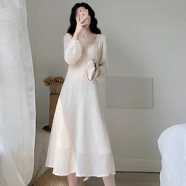 

casual dresses autumn women white solid long lantern sleeve dress vintage elegant sweet square collar button lady party a-line dresses2021, Black;gray