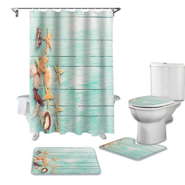 

shower curtains shell starfish wooden board summer durable waterproof curtain set bathroom rugs carpet toilet seat cover pad floor mat