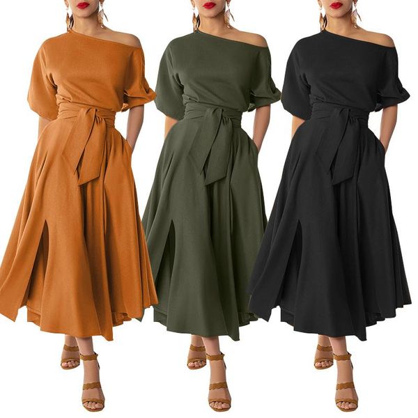

elegant women off shoulder dress autumn puff sleeve sundress zanzea fashion solid long vestidos belted party dresses robe femme casual, Black;gray