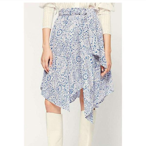 

skirts irregular hem women skirt 100% silk zipper lace-up retro printing ladies jupe with sashes 2021 spring, Black