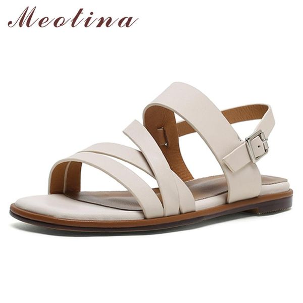 

meotina sandals women shoes natural genuine leather flat narrow band buckle square toe ladies footwear summer 40, Black