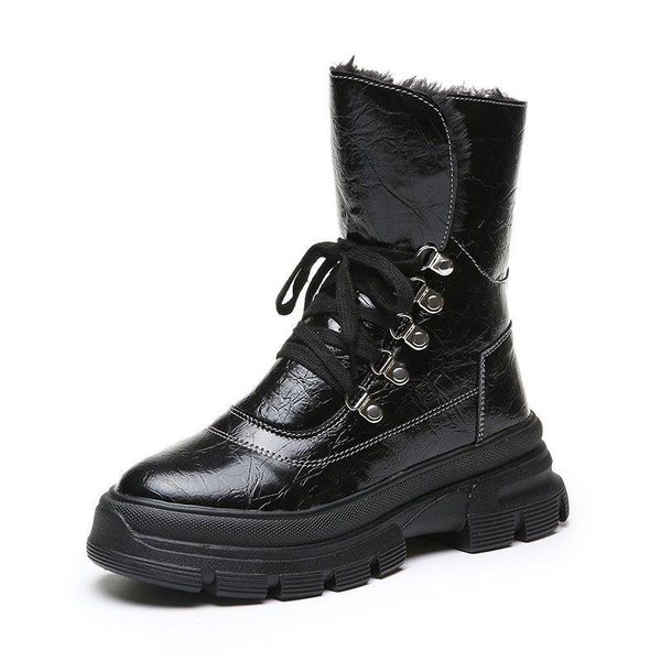 

boots 2021 winter fur sneakers women plush snow bandage female ankle platform warm shoes for, Black
