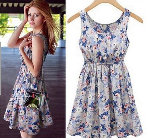 

s size summer floral sleeveless women dress printed chiffon large mid length vest temperament, Black;gray