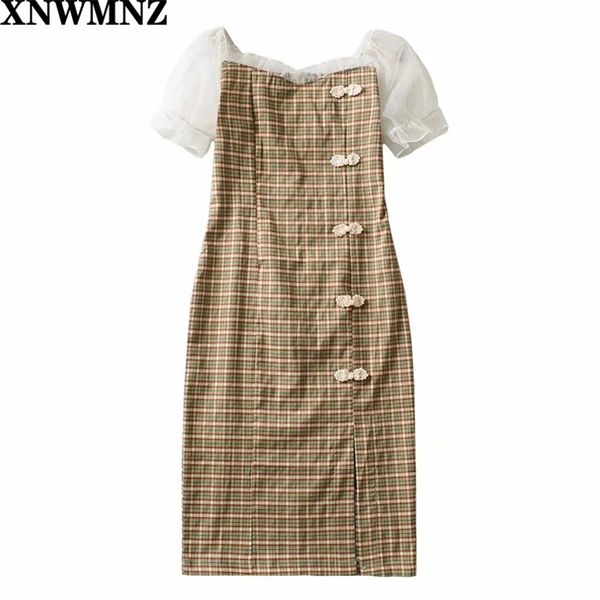 

summer french vintage plaid bubble sleeve improved cheongsam elegant slim waist dress short midi women's clothes 210520, Black;gray