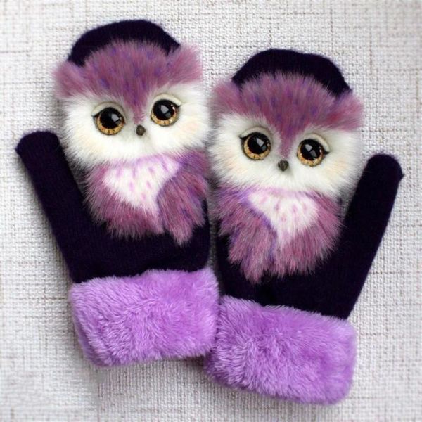 

five fingers gloves winter girls thick warm kids knit soft fur finger mittens cute cartoon plush cat touch, Blue;gray