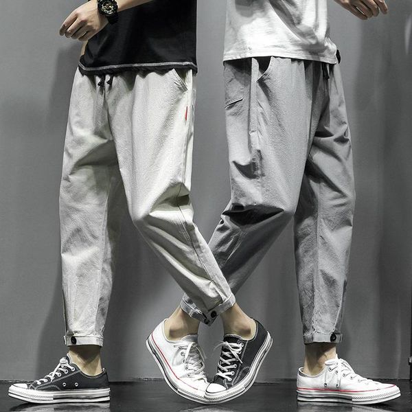 

men's pants summer loose fashion trend nine-point beam cotton linen, Black