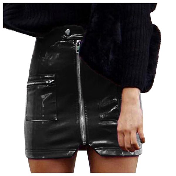 

skirts sagace high waist solid color leather skirt zipper pocket stitching women's short a-line, Black