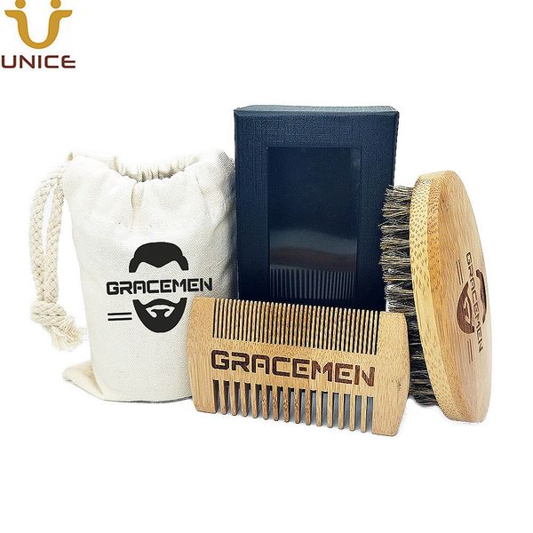 MOQ 100 Sets OEM Custom LOGO Umweltfreundliche Bambushaar-Bart-Schnurrbart-Pflegesets mit Taschenbox für Männerbärte, Bürste und Kamm