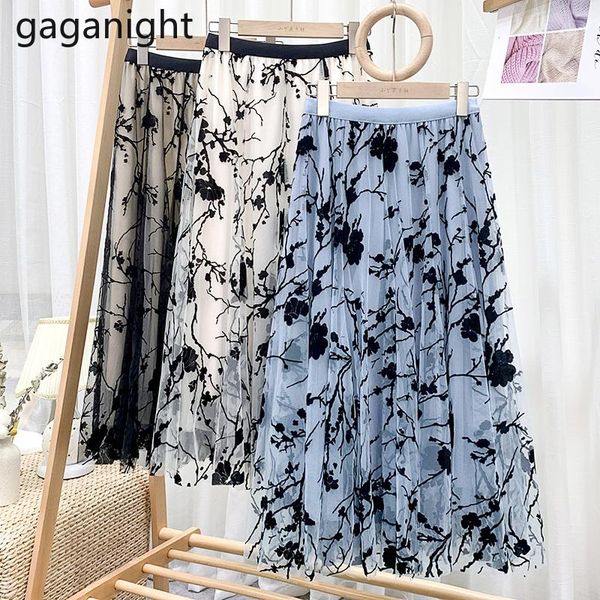 

gaganight embroidery women flocking long skirt a line high waist chic girls mesh double layed lady solid skirts spring 2021, Black