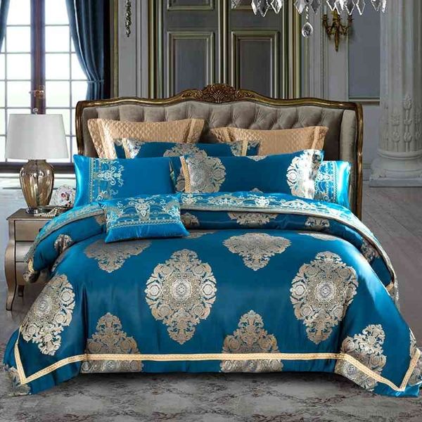 

blue brown color luxury royal bedding  king size bed cotton bed/flat sheet set satin jacquard duvet cover bedlinen