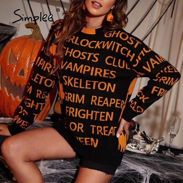 

women's sweaters simplee halloween letter elastic black orange color block female jumper autumn winter oversize gothic pullovers, White;black