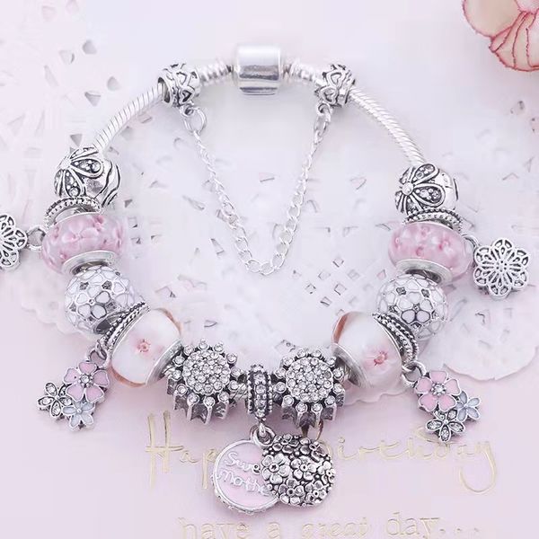 

18 to 21cm peach blossom charm bead bracelet sweet mother charms pendant fit silver bangle or snake chain diy jewelry accessories for mother, Golden;silver