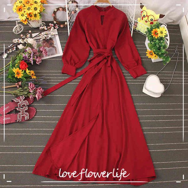 

autumn winter vintage solid full dress a line o neck with belt high waist slim mid-calf women dress 210521, Black;gray
