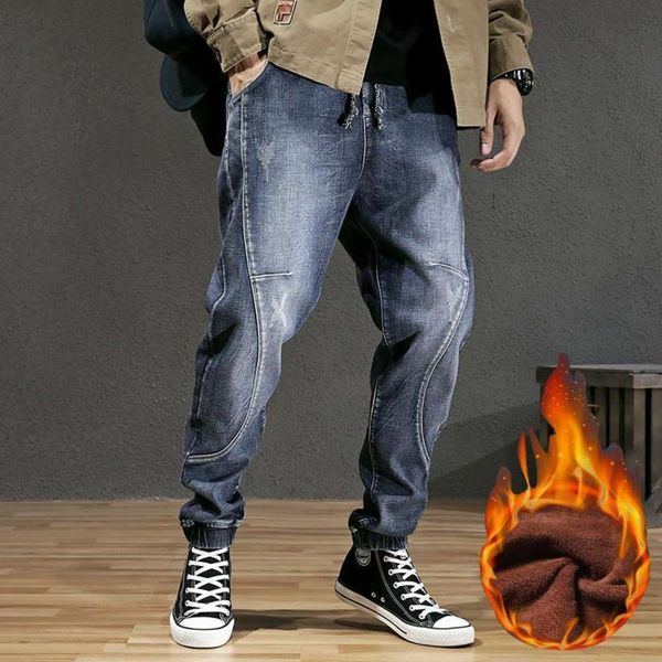 

Winter Fashion Streetwear Men Jeans Loose Fit Retro Blue Spliced Designer Harem Jeans Men Cargo Pants Hip Hop Velvet Warm