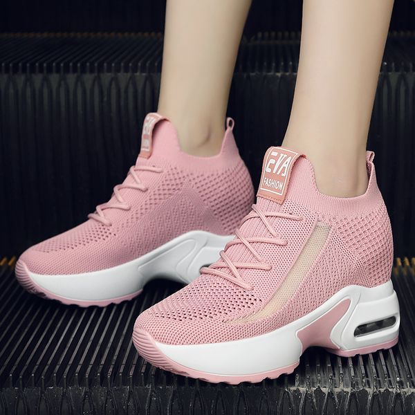 

Fashion Women Platform Chunky Sneakers Comfy Height Increasing 8cm Casual Sports Shoes Ladies Lace-Up Outdoor Walking Footwear, Pink