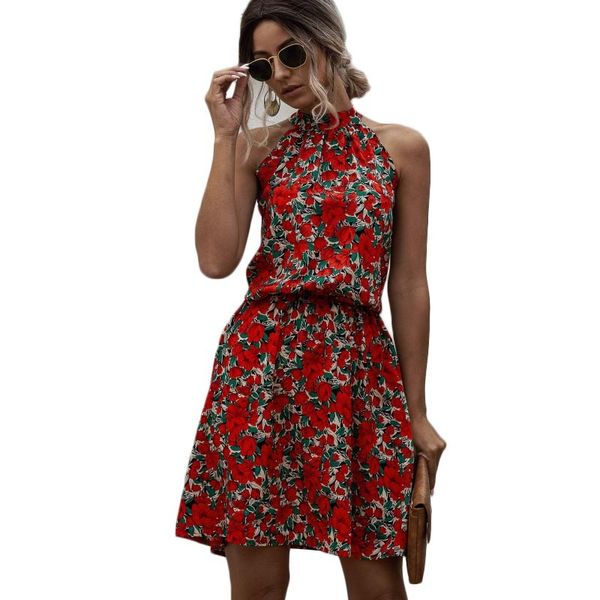 

casual floral print summer dress women 2021 halter sleeveless off shoulder a-line beach mini dress vestidos, Black;gray