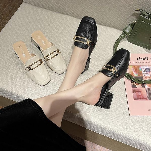 

slippers shoes rivet woman's cover toe med luxury slides loafers 2021 designer summer pu metal decoration fashion bonded leather, Black