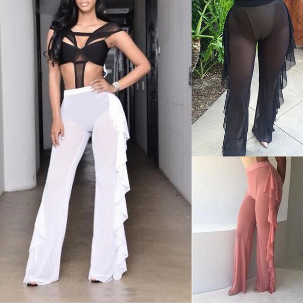 

women's pants & capris beach mesh sheer bikini cover up swimwear transparent long pant trousers, Black;white