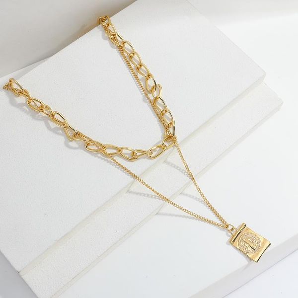

lifefontier punk double layer chain geometric pendant choker necklace for women gold color metal long jewelry chains, Silver