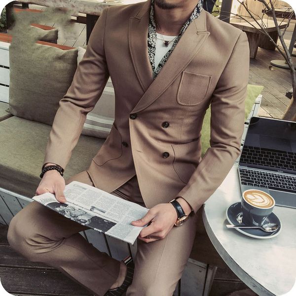 

men's suits & blazers custom made khaki men for business peaked lapel double breasted slim fit male blazer jacket pants 2piece cos, White;black