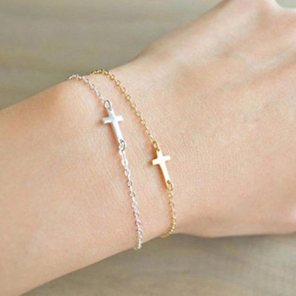 

link, chain jesus christian horizontal sideways cross bracelets for women men stainless steel gold silver color bridesmaids gift, Black