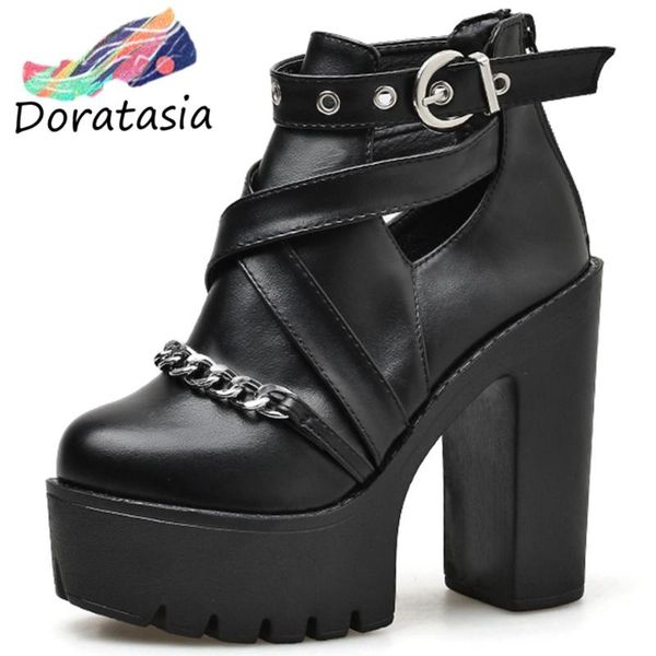 

elegant women solid buckle zipper round toe platform high heel shoes chain leisure punk pumps dress, Black