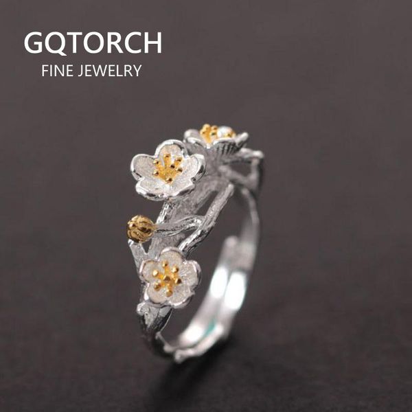 

cluster rings 925 sterling silver for women with plum flowers vintage unique original design anel feminino, Golden;silver