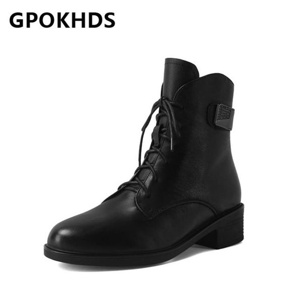 

boots gpokhds 2021 women ankle cow leather winter short plush round toe zipper med heels female riding size 39, Black