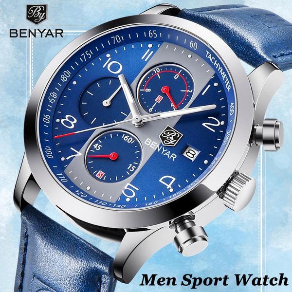 

wristwatches fashion luxury men's watches benyar casual sport chronograph wrist mens waterproof leather quartz clock reloj hombre, Slivery;brown