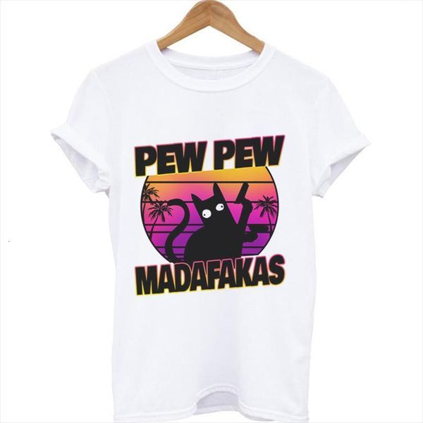 

pew madafakas print mens men murderous black cat with gun casual halloween short sleeve tee, White;black