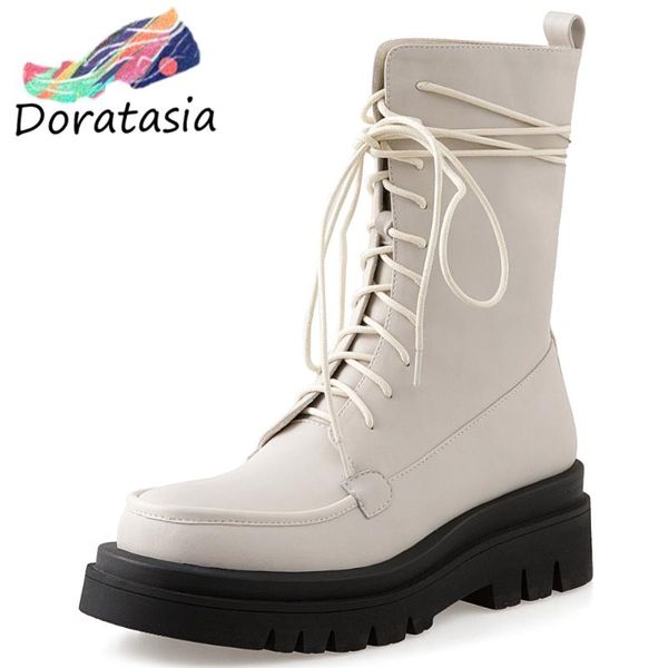 

boots doratasia sewing casual shoes brand stylish chunky women genuine leather round toe lace up ankle, Black