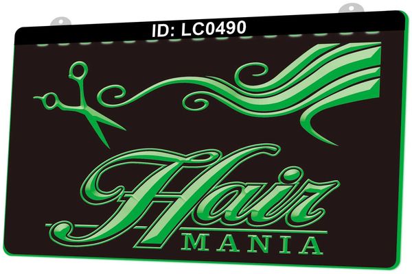 LC0490 Hair Mania Barber Shop Light Sign Hond Graving