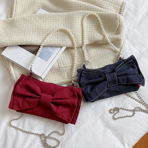 

evening bags vintage women bowknot canvas pearl chain underarm shoulder crossbody messenger bag casual ladies solid color small handbag purs