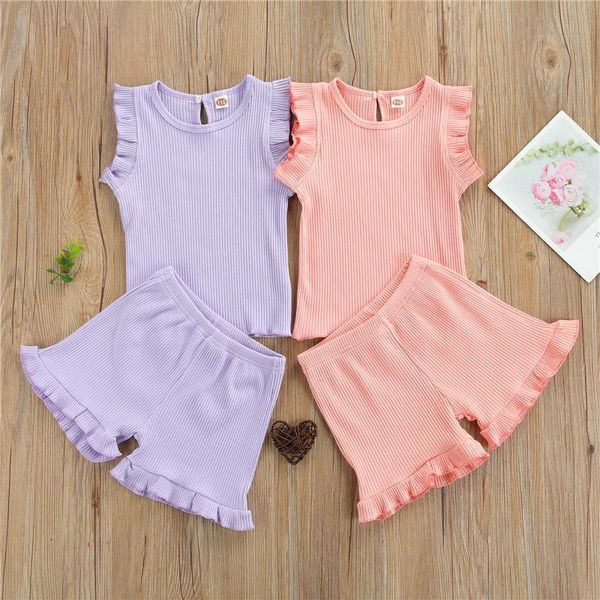 

clothing sets 2 pcs infant ribbed outfits baby girl sleeve round neck pullover + ruffle shorts purple/green/pink 1-6years, White