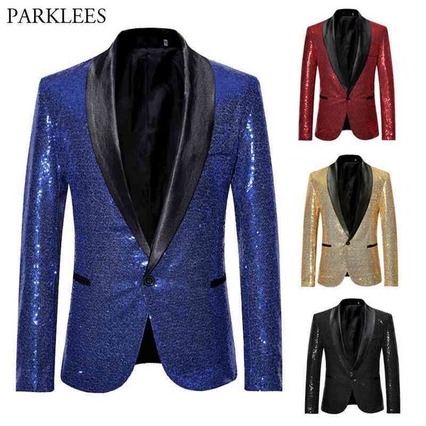 Mens Royal Blue Bling Glitter Украшенный костюм Куртка One Button One Button Count Grow Nightclub Prom DJ ROCK и ROLL COUTUMES XXL 210522