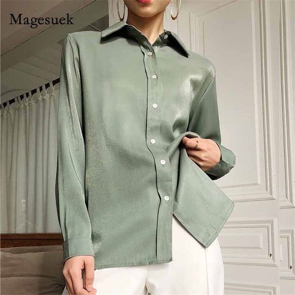 Outono Womens tops e blusas blusas cetim verde ol estilo solto plus camisa de tamanho Cardigan sólido manga longa camisas 10132 210518