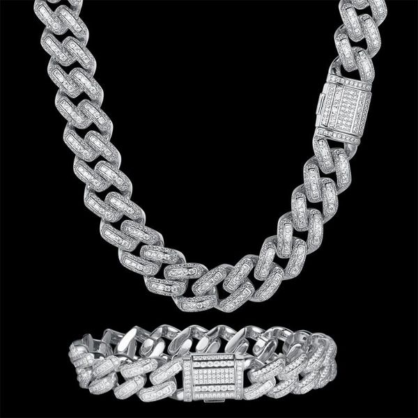 

pendant necklaces 100% zircon cz hip hop miami cuban link chain 14mm baguette bracelet men rhombus necklace drop black jewelry fashion, Silver