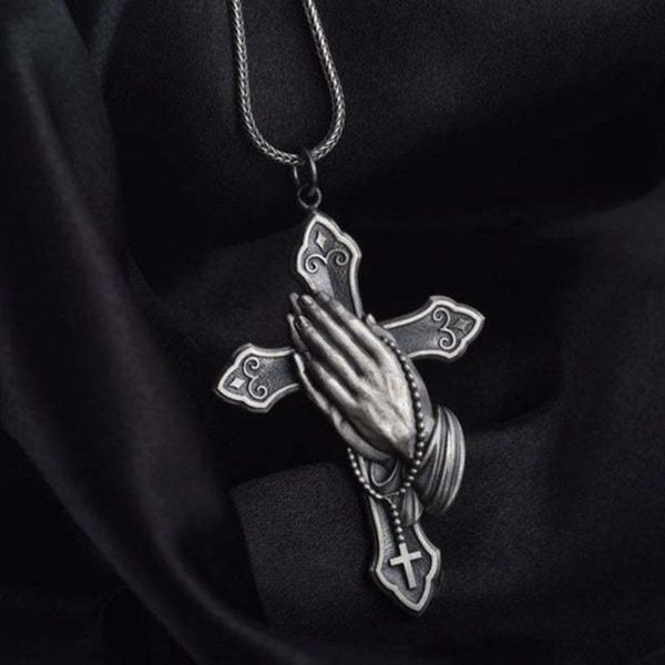 

chains trendy rock punk jesus cross praying hands shape pendant necklaces luxury vintage gothicgold silvery necklace for men women, Silver