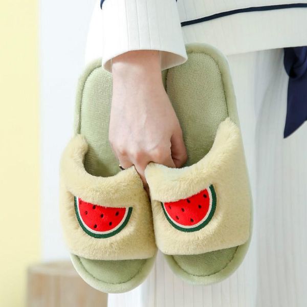 

apanzu women fur slides autumn winter home slippers cute cartoon fruit flats shoes slip on furry warm, Black