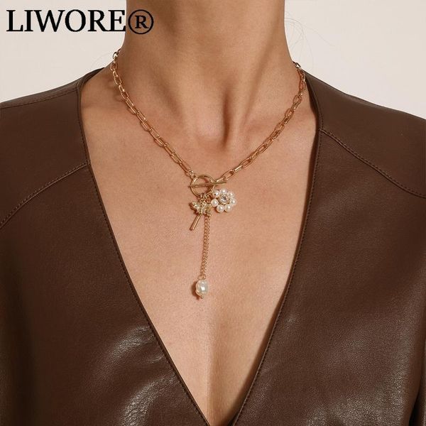 Colares Pingente Liorwore Retro Colar Redondo Geométrico Cruz Pequena Pequena Bee Pearl Moda Fashion Gold Jewelry