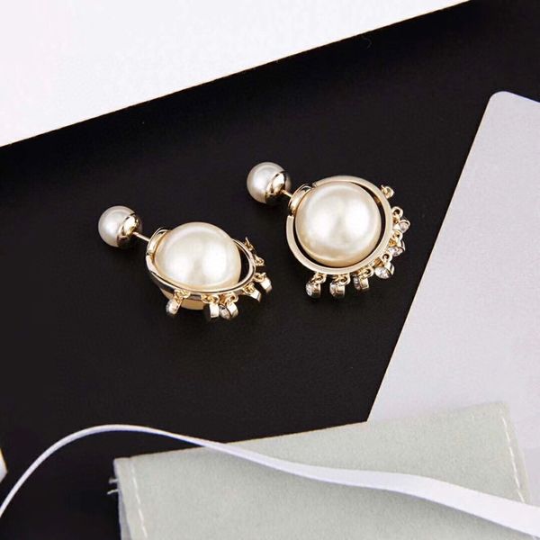 

c1665 korean fashion micro zircon pearl size saturn shaped earrings creative 925 silver needle ear stud, Golden;silver
