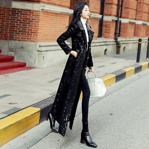 

women's trench coats autumn winter tweed blazer jacket elegant overcoat basic pockets long coat over knee long-sleeved wind, Tan;black