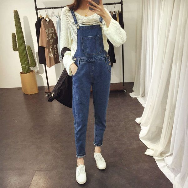 

women's jeans korean casual summer wear mark personalized large pocket denim suspenders pants nmom, Blue