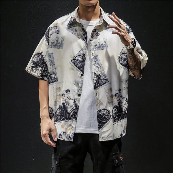 

men's casual shirts yasuguoji summer short sleeve man japanese streetwear loose shirt men plus size mens printed d0hp, White;black