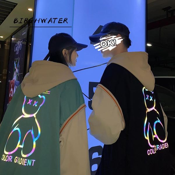 

men's hoodies & sweatshirts fashion baseball jacket reflective bear print for men man oversize coat casual clothing streetwear, Black