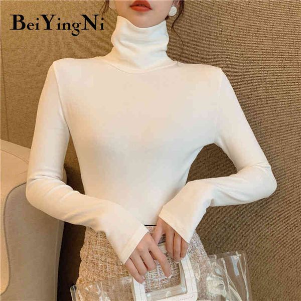 Beiyingni primavera outono mulheres t - shirts lazer sólido lazer simples magro Turtleneck Casual Streetwear Tshirt Mulheres Tops Preto Tees 210416