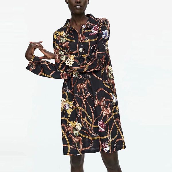 

casual dresses kumsvag women summer vintage mini shirts dress 2021 print long sleeve loose female elegant fashion street vestido xz2626, Black;gray