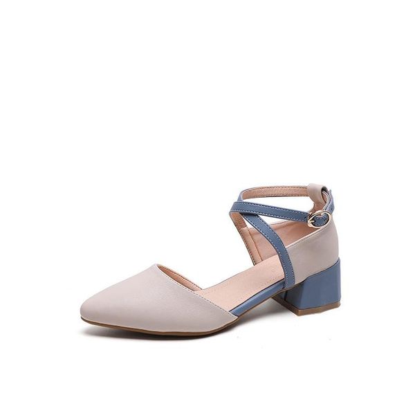 

dress shoes 2021 spring and autumn fashion word buckle sandals female pointed toe thick heel high heels fairy style mid-heeled, Black