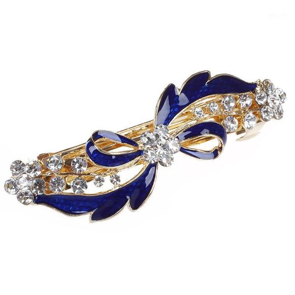

gold tone metal french clip rhinestone decor blue bowknot hairclip barrette1